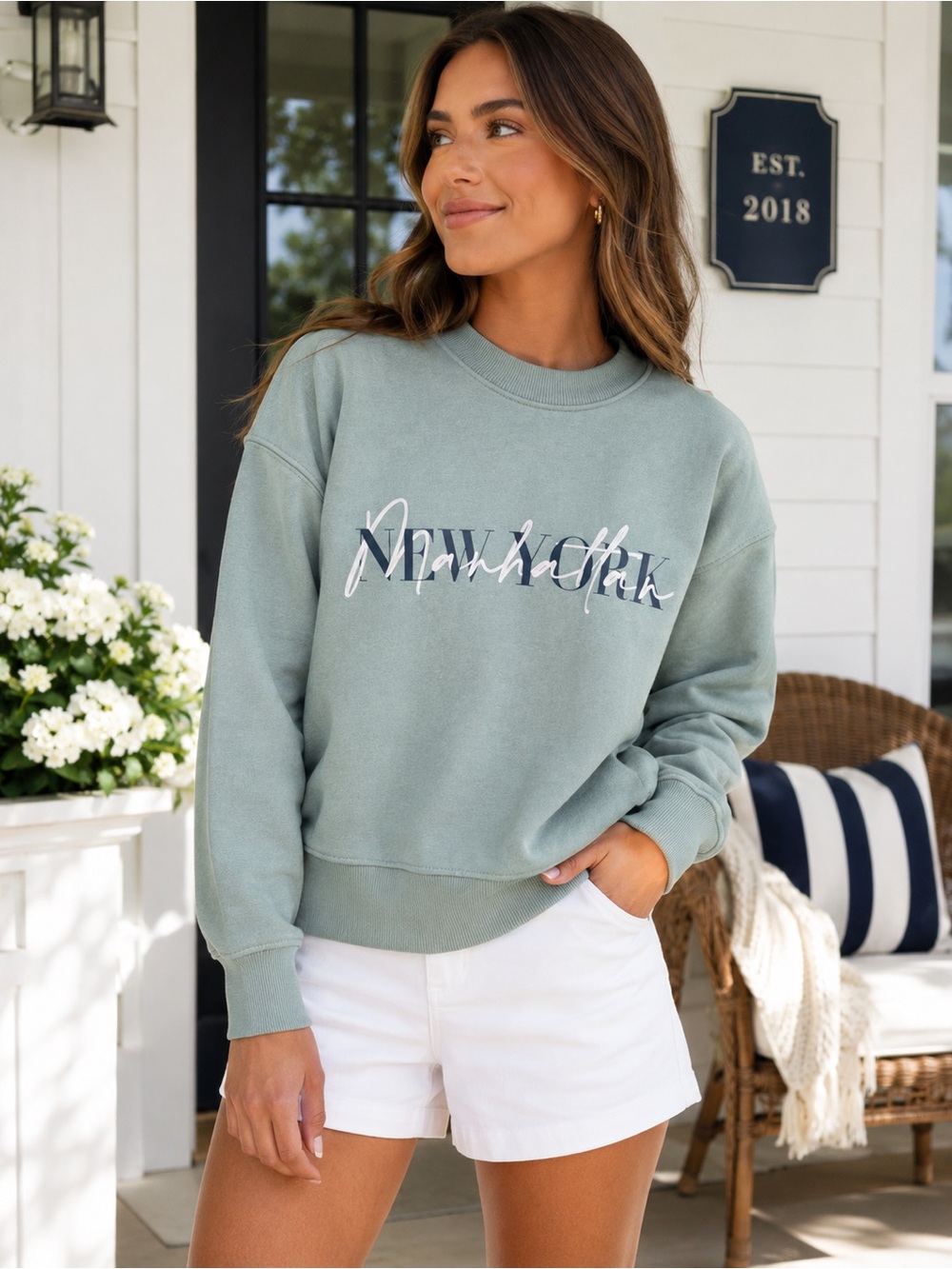 Primark Manhattan New York Graphic Sweatshirt | Sage Green | Size Small